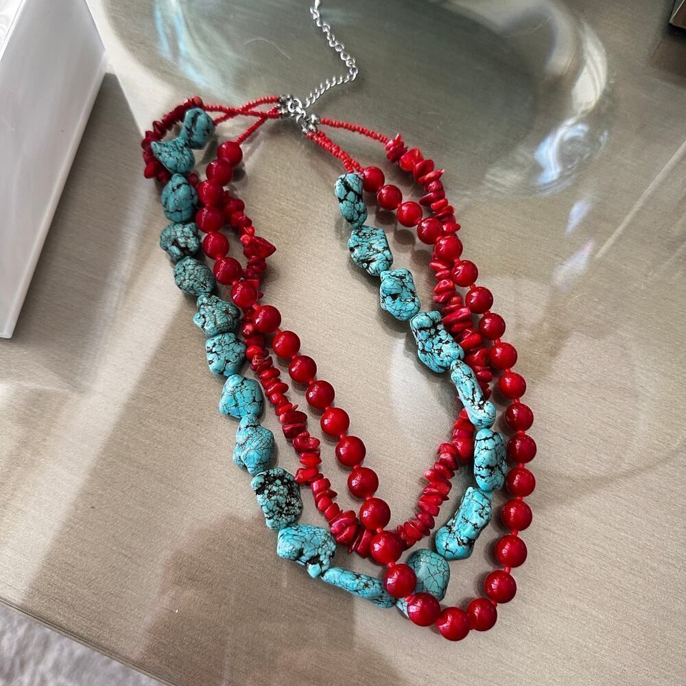 Bold Coral And Turquoise Beaded Necklace - Picture 3 of 5